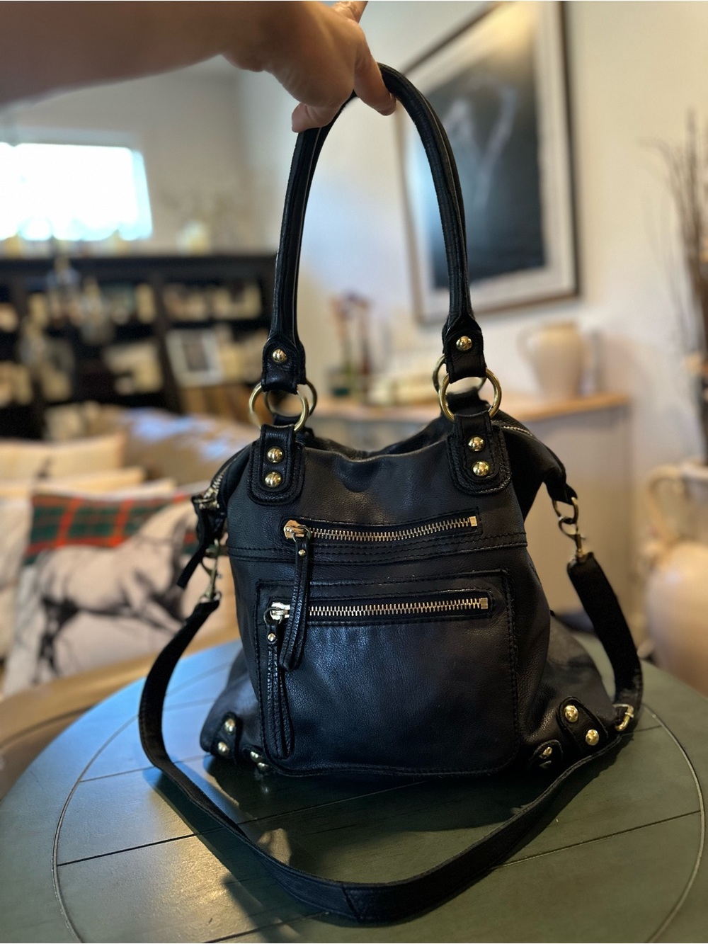 Linea Pelle Classic Black Leather Shoulder Bag with Gold Hardware